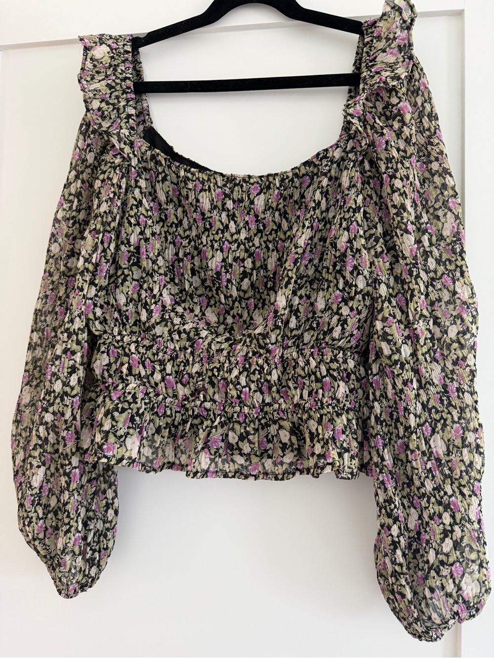 Astr Floral Smocked Off-Shoulder Blouse in Black, Lilac and Cream